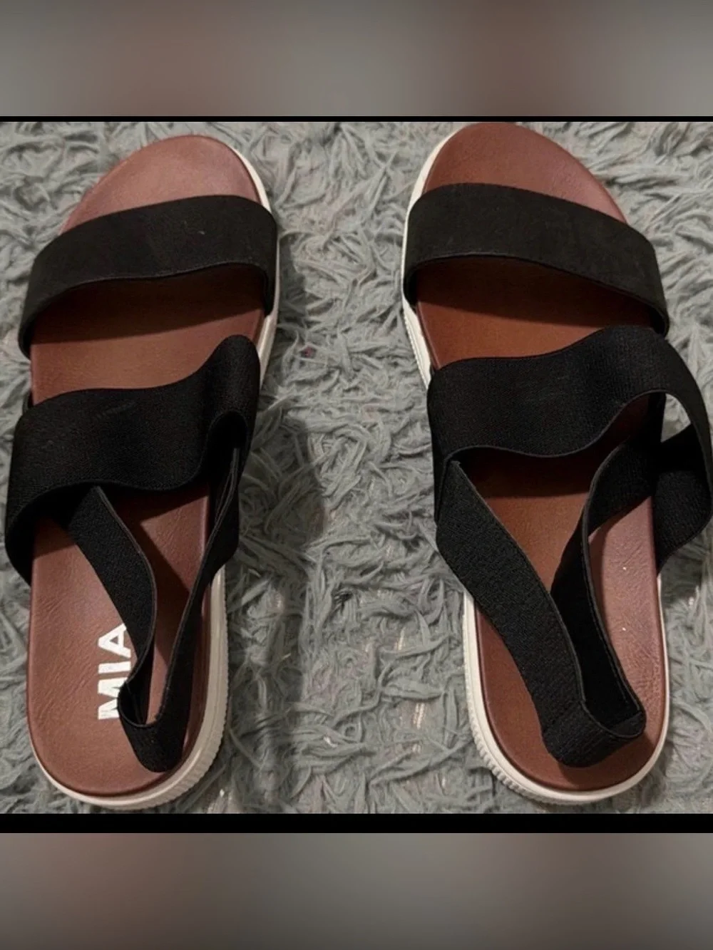 MIA Black Strappy Elastic Slide Sandals with Brown Footbed